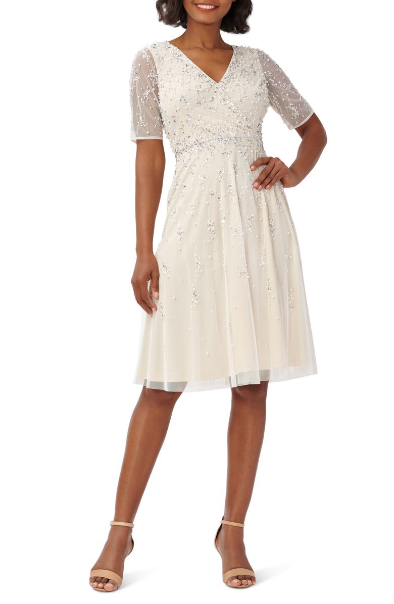 Adrianna Papell Beaded Tea Length Cocktail Dress, Main, color, 