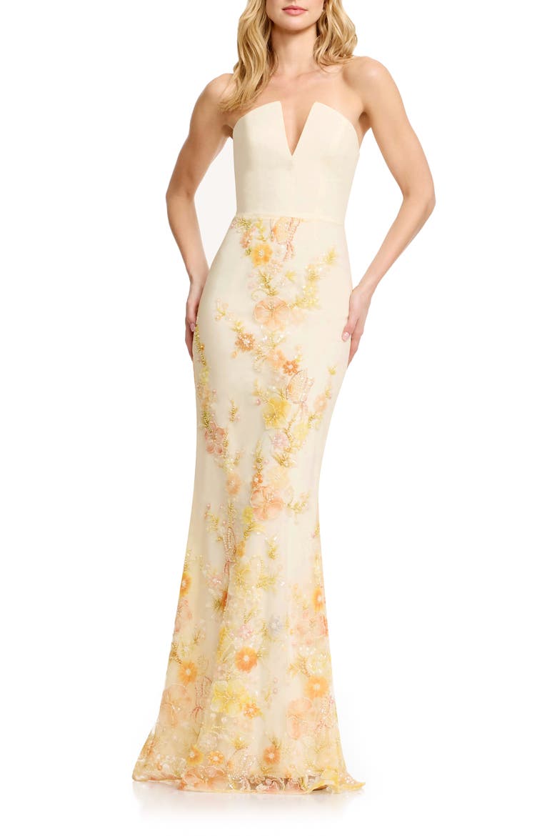 white strapless dress with gold flowers Strapless White 3D Floral Lace Long Prom Dress, Strapless White 3D Flo jbydress