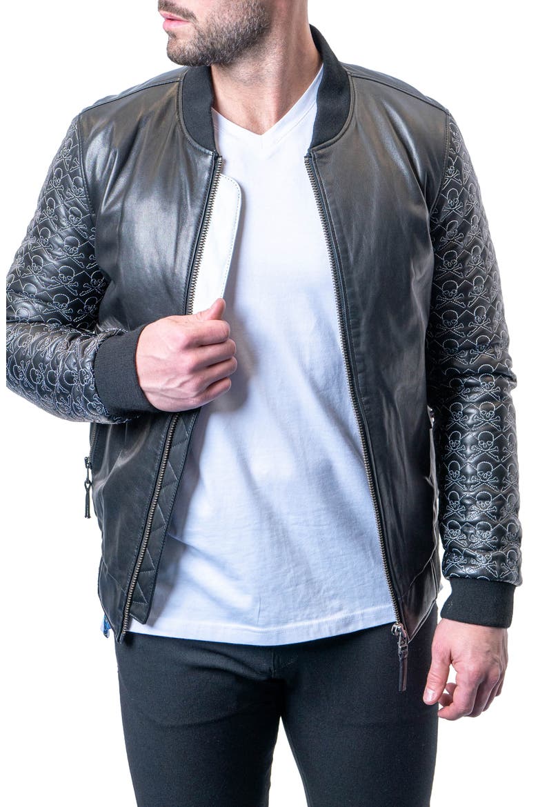 Skull Sleeve Leather Jacket, Main, color, BLACK