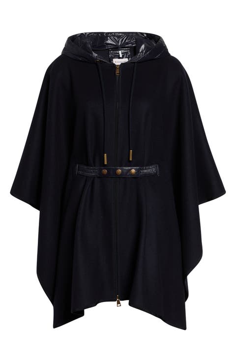 Zip Padded Wool Blend Hooded Cape