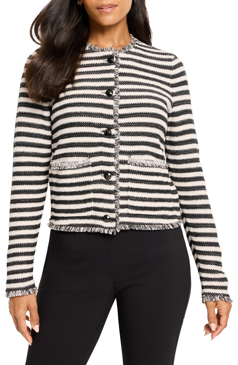 NIC+ZOE Stripe Fringe Mix Knit Jacket, Main, color, Black Multi