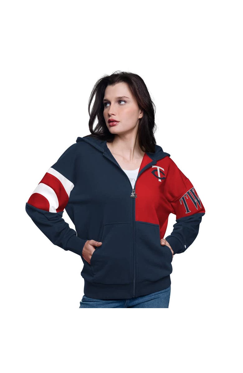 STARTER Women's Starter Navy/Red Minnesota Twins Curve Ball Full Zip Hoodie Sweatshirt, Main, color, 