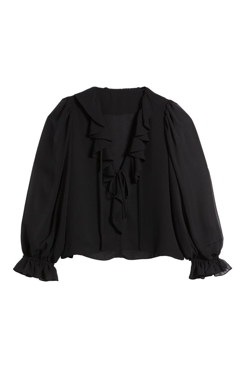 Ruffle Tie Neck Top, Alternate, color, RICH BLACK