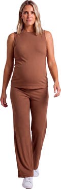 24seven Comfort Apparel Maternity Basic Ribbed Knit Tank Top and Elastic Waist Wide Leg Pant Set
