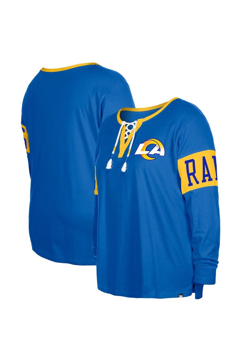 Women's New Era  Royal Los Angeles Rams Plus Size Lace-Up Notch Neck Long Sleeve T-Shirt, Main, color, Royal