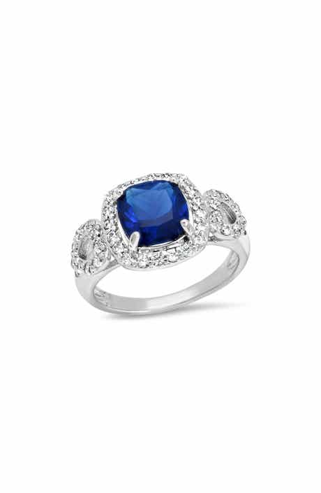 18k Gold Plated Simulated Sapphire & Cubic Zirconia Halo Ring