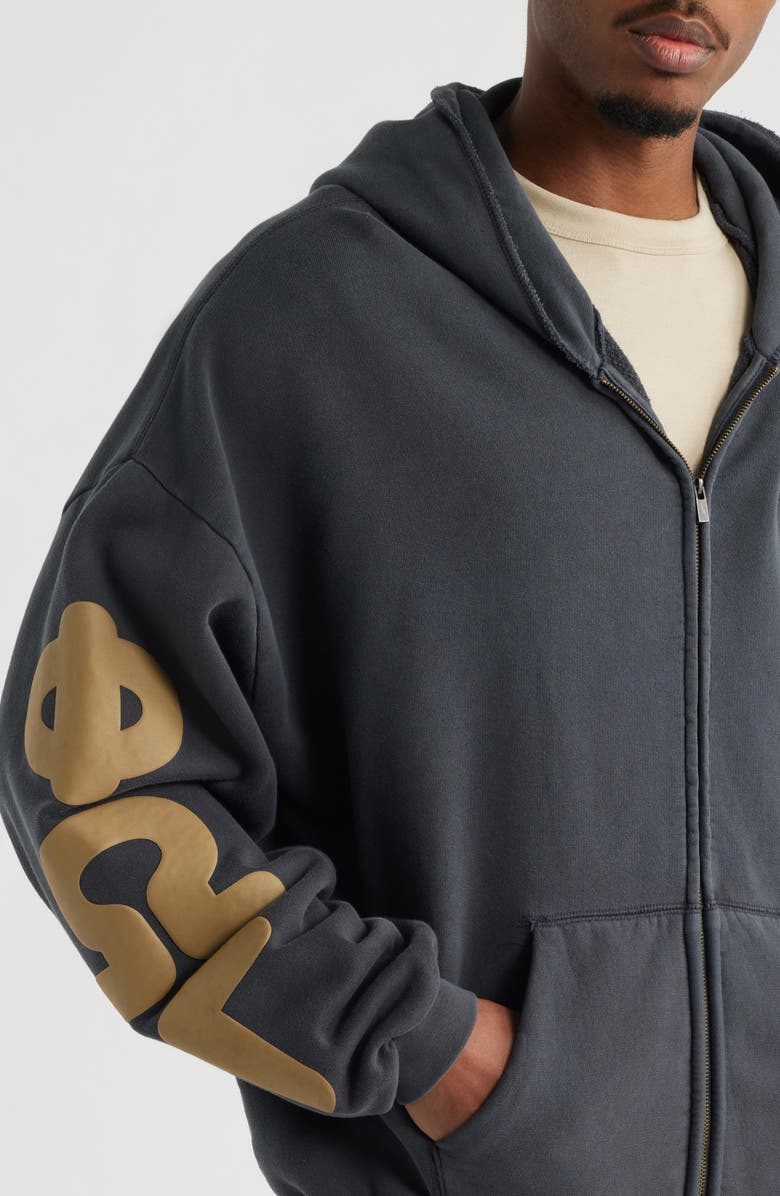 Fear of God Essentials 90s Graphic Washed Zip Front Cotton Hoodie, Alternate, color, Washed Iron Grey