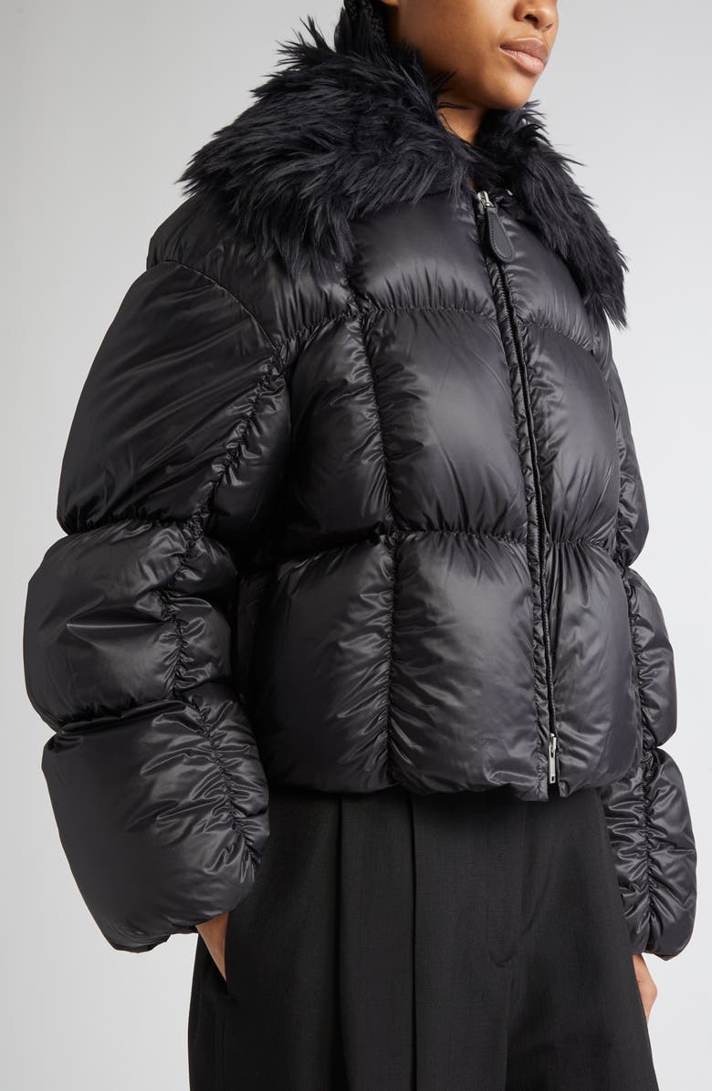 Jil Sander Short Quilted Blosuon Jacket with Deatachable Faux Fur Collar, Alternate, color, Black