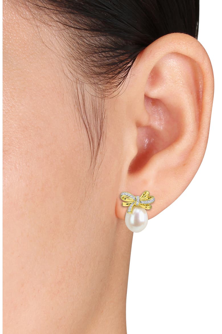 Sterling Silver Created White Sapphire and Cultured Pearl Bow Stud Earrings, Alternate, color, WHITE GOLD