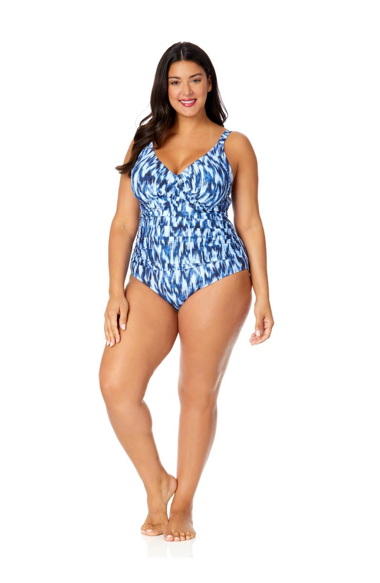 Anne Cole Plus Women's Plus Tie Dye Ikat Hidden Underwire Drape Front One Piece Swimsuit, Alternate, color,