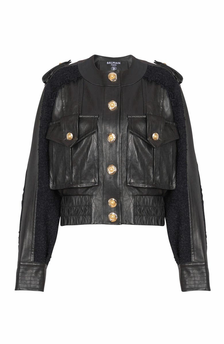 Balmain Tweed And Leather Bomber Jacket, Alternate, color, Black