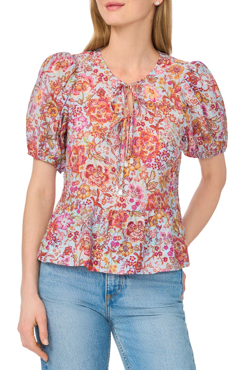 CeCe Tie Keyhole Puff Sleeve Peplum Top, Main, color, Aquatic