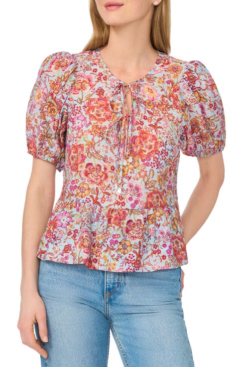 Tie Keyhole Puff Sleeve Peplum Top