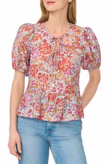 CeCe Tie Keyhole Puff Sleeve Peplum Top