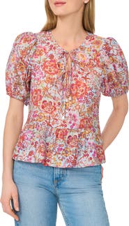 CeCe Tie Keyhole Puff Sleeve Peplum Top