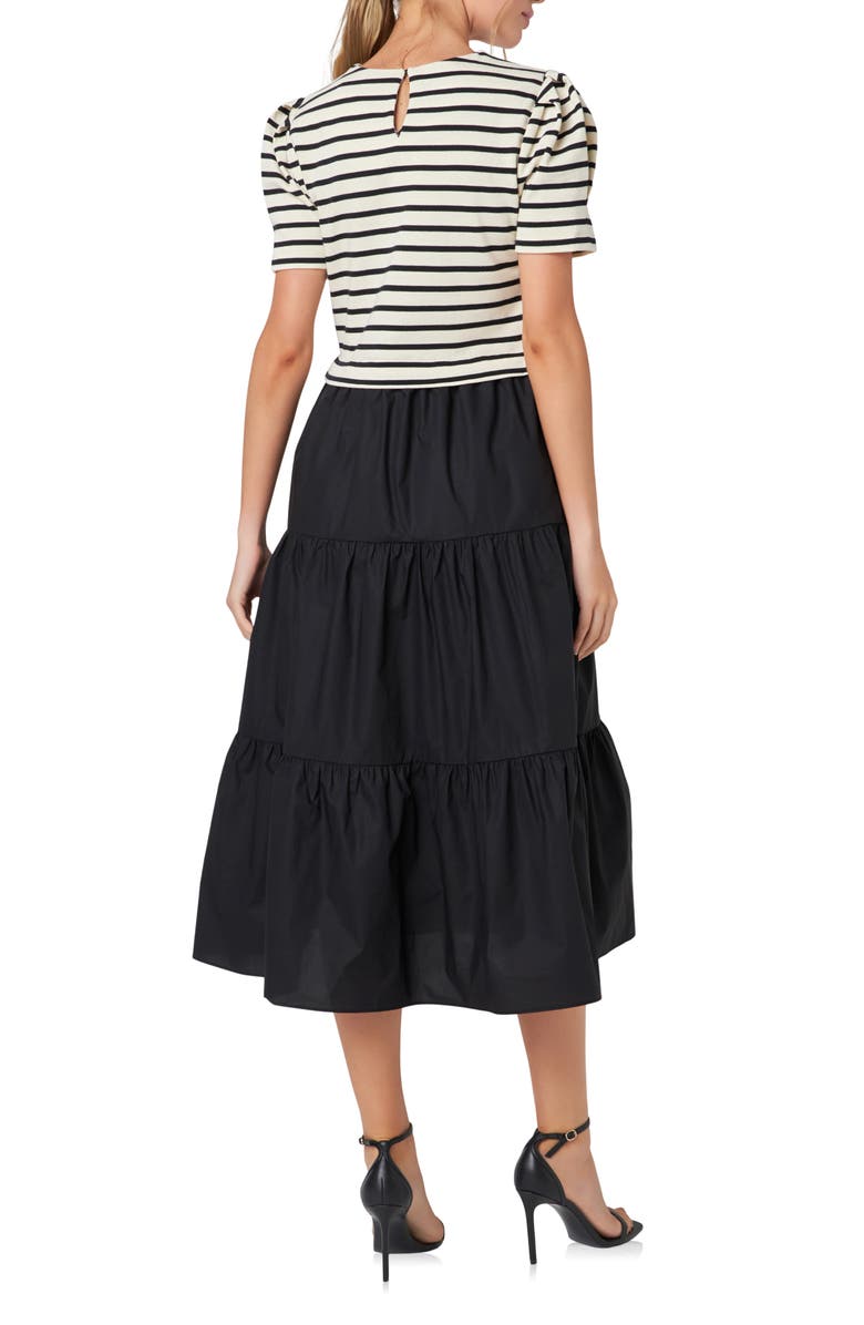 English Factory Tiered Puff Sleeve Mixed Media Dress, Alternate, color, 