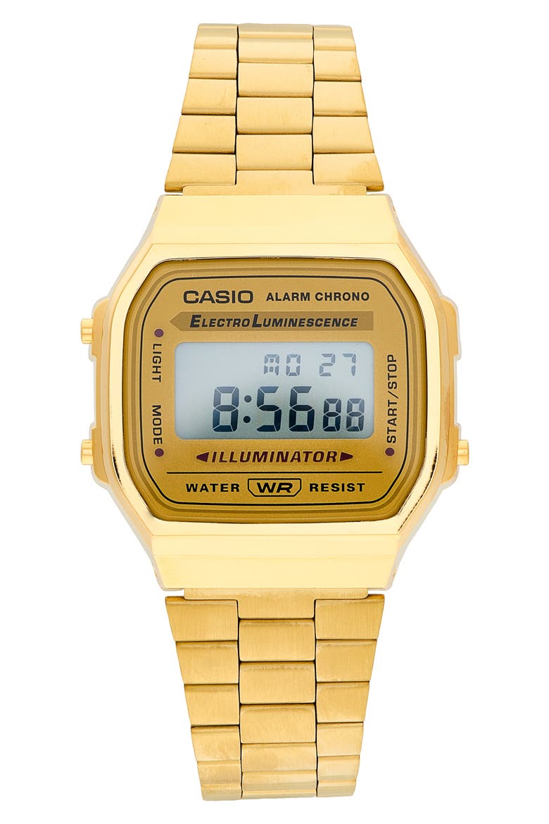 Vintage A168WG-9MV Digital Bracelet Watch, 36.3mm x 38.6mm, Main, color, GOLD