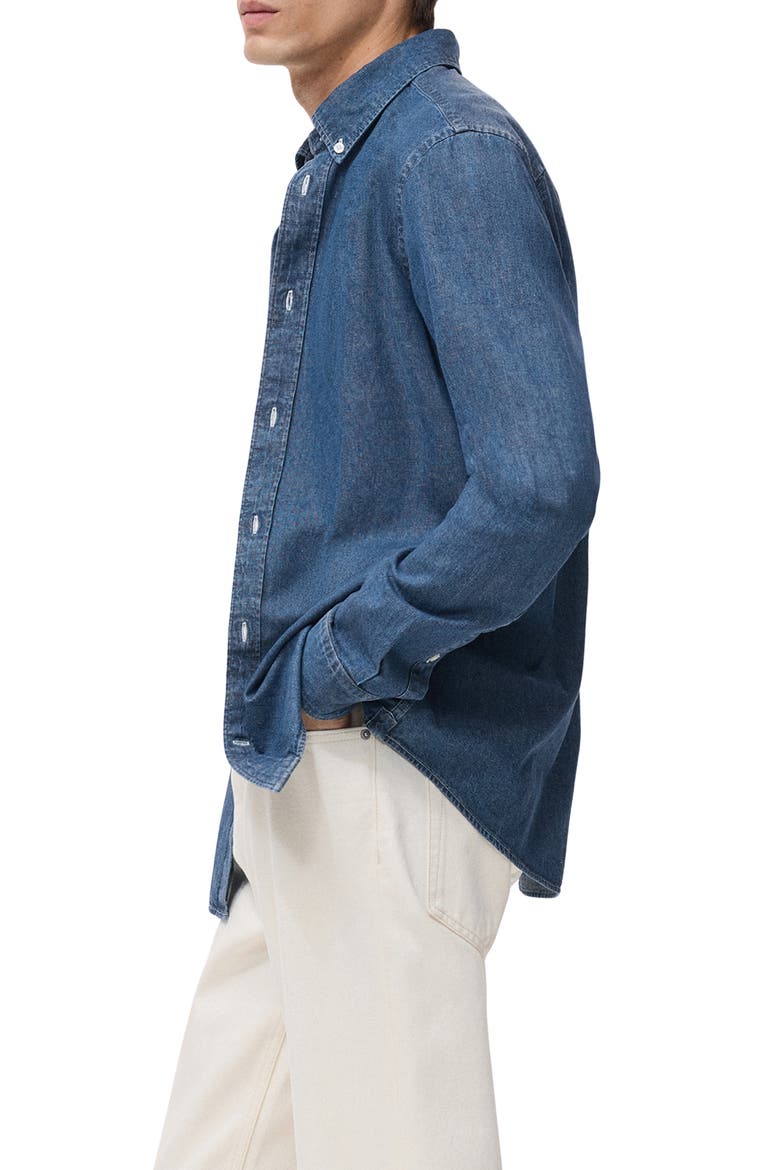 Regular Fit Cotton & Linen Denim Button-Down Shirt, Alternate, color, MEDIUM BLUE