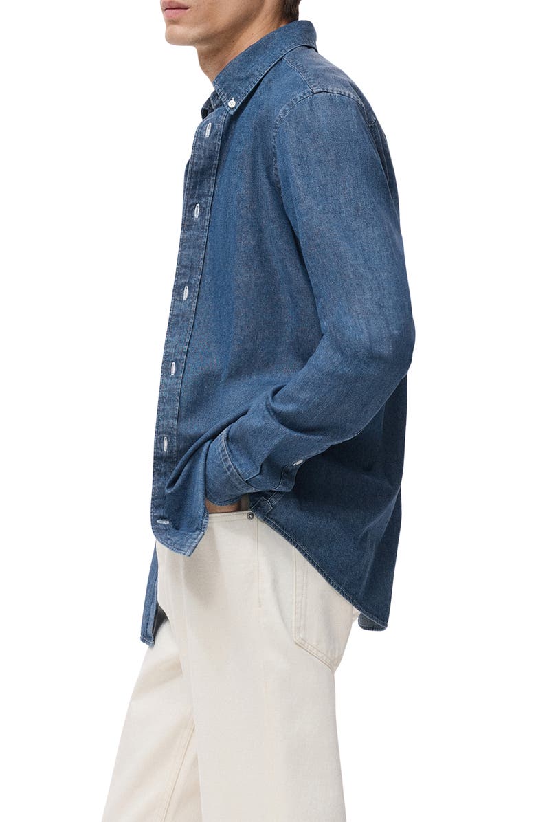 MANGO Regular Fit Cotton & Linen Denim Button-Down Shirt, Alternate, color, Medium Blue