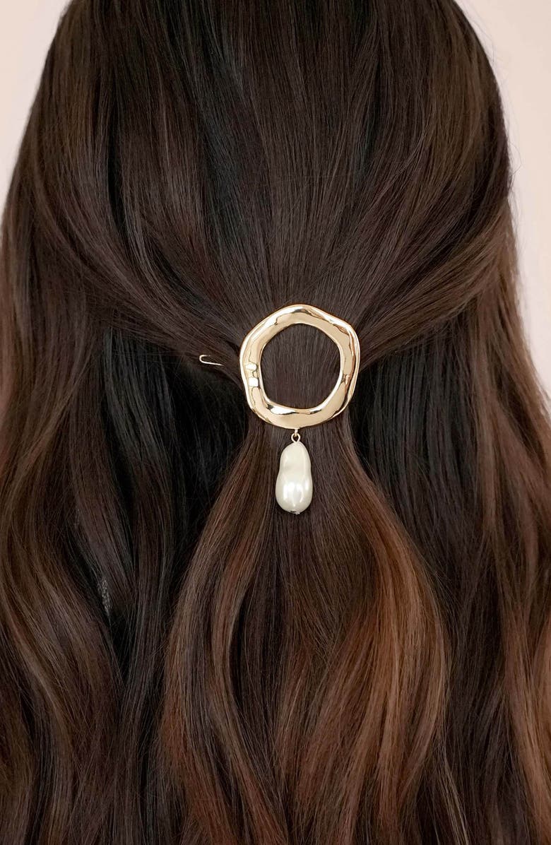 Ettika Open Circle Imitation Pearl Barrette, Alternate, color, Gold