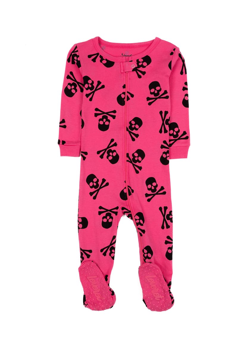 Skull Print Footed Pajamas, Main, color, PINK