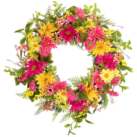 Gerbera Daisy, Berries And Daisy Floral Spring Wreath - 23" - Pink/yellow