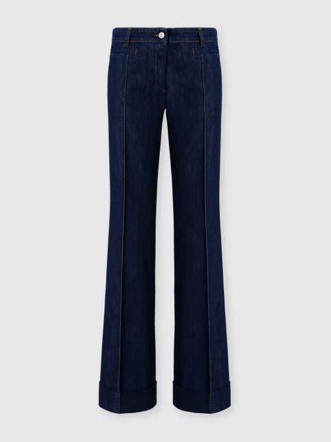 Flared Denim Trousers With Turn-up Hem And Center Crease