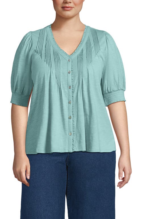 Lands' End Button Pintuck Puff Sleeve Top In Pale Teal