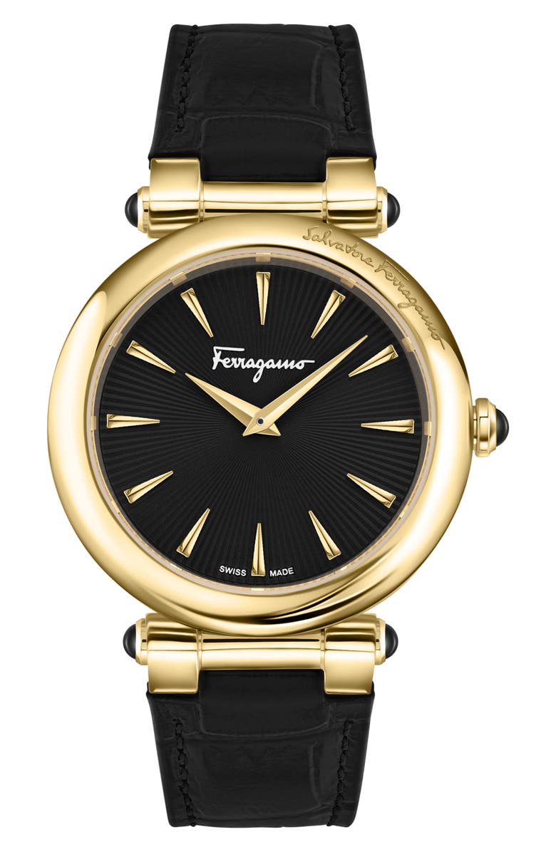 FERRAGAMO Idillio Croc-Embossed Leather Strap Watch, 36mm, Main, color, Gold