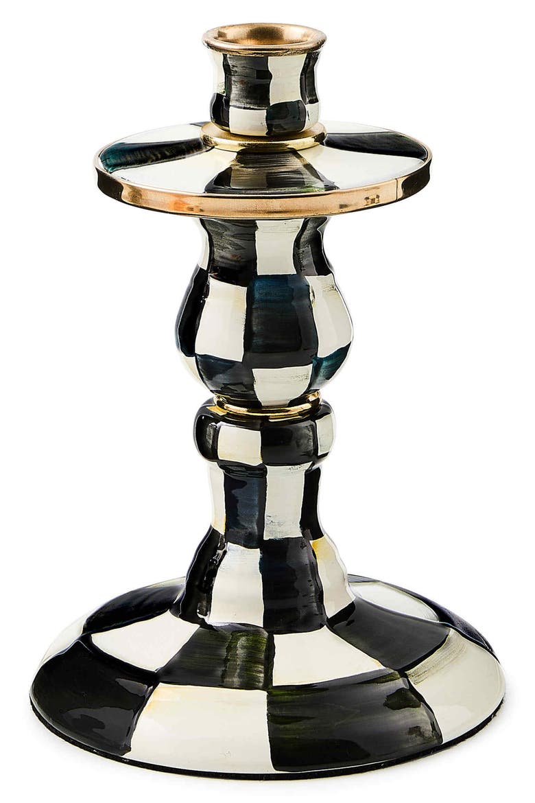 Courtly Check Short Enameled Steel Candleholder, Main, color, BLACK/ WHITE