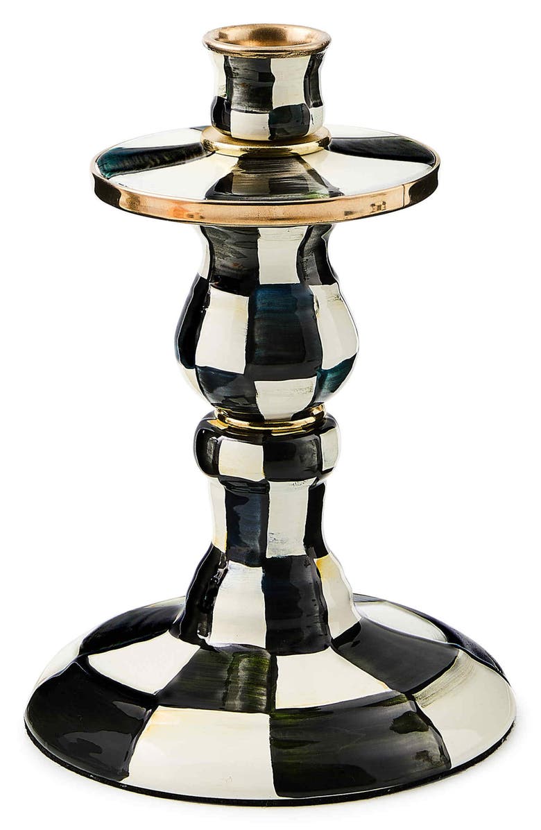 MACKENZIE CHILDS Courtly Check Short Enameled Steel Candleholder, Main, color, Black/ White