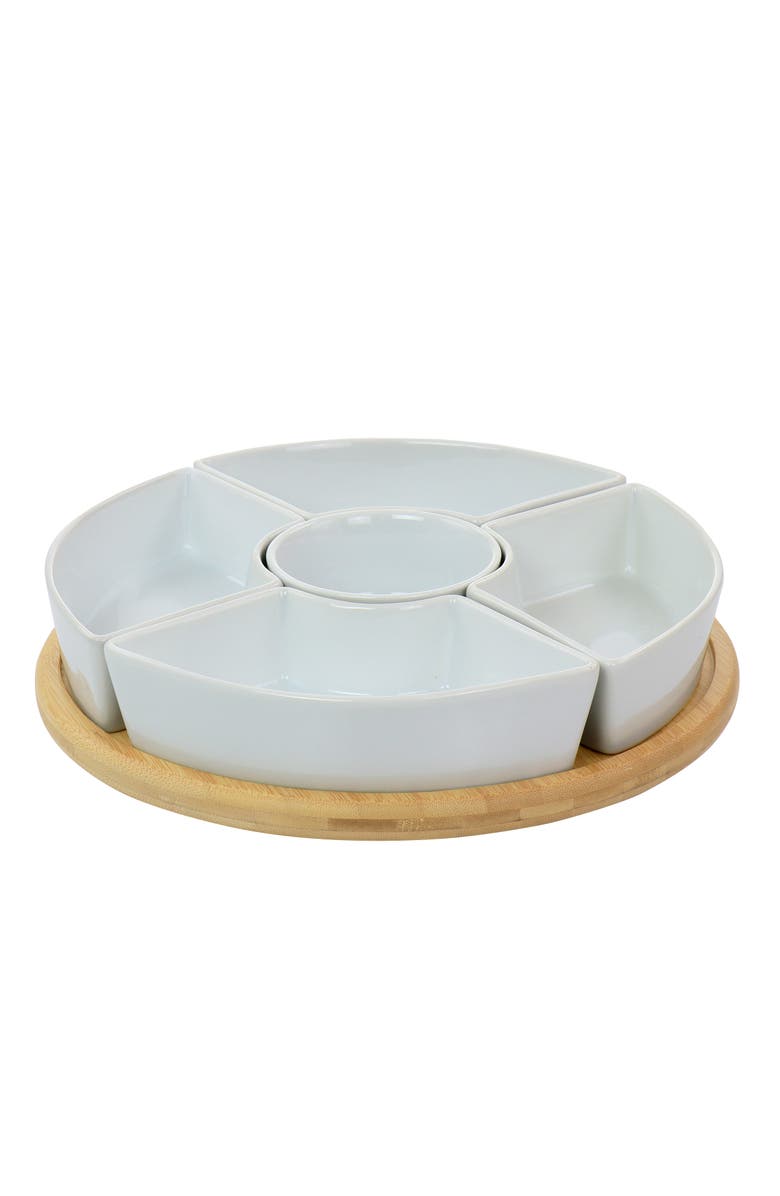 Gibson Elite Gracious Dining 6 Piece Tidbit Dish Set with Rotating Wood Base, Main, color, White