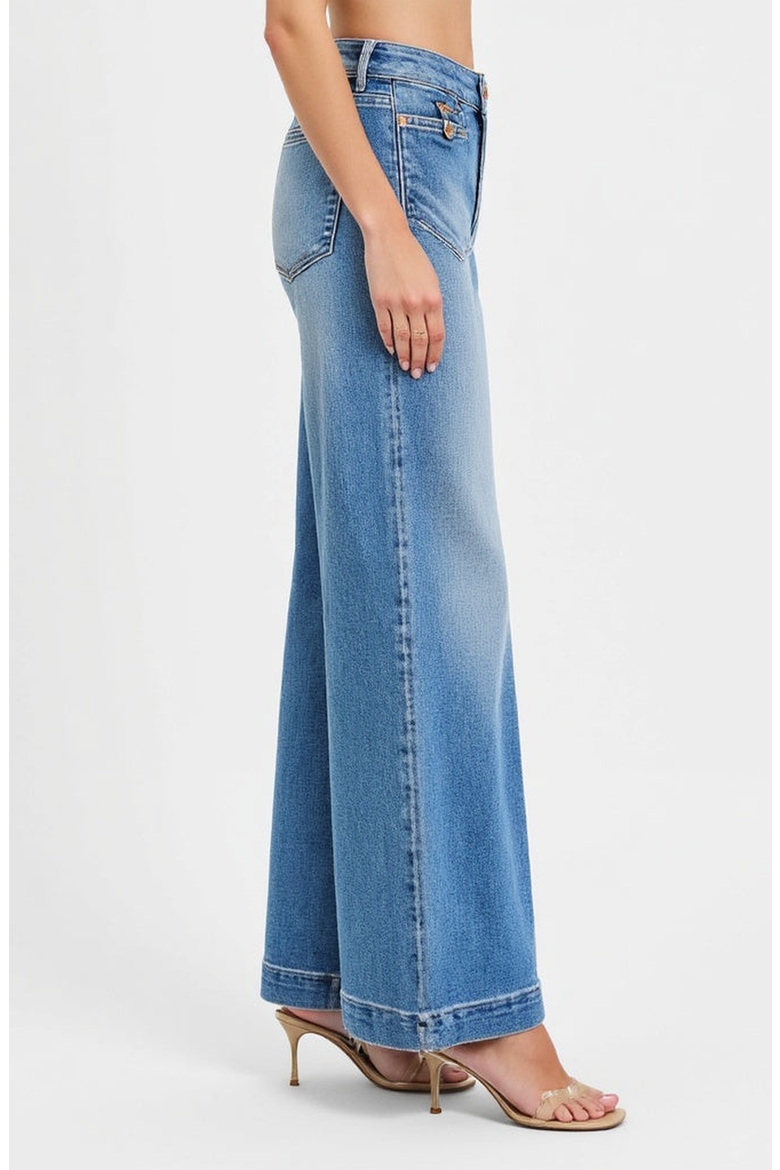 High Waist Wide-Leg Jeans with Buttoned Patch Pockets and Rolled Hem, Alternate, color, Light Blue