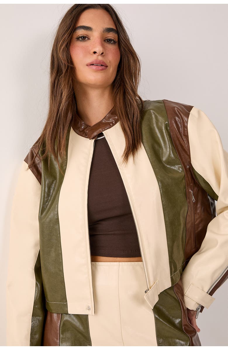 NASTY GAL Panelled Faux Leather Biker Jacket, Alternate, color, Cream