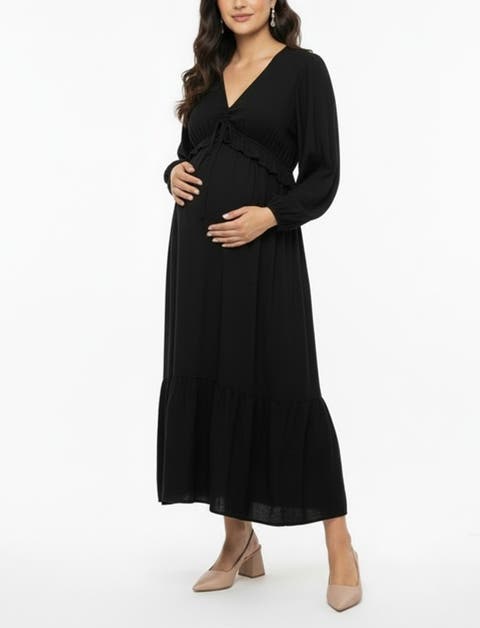 Puff Sleeve Ruffle Midi Maternity Dress