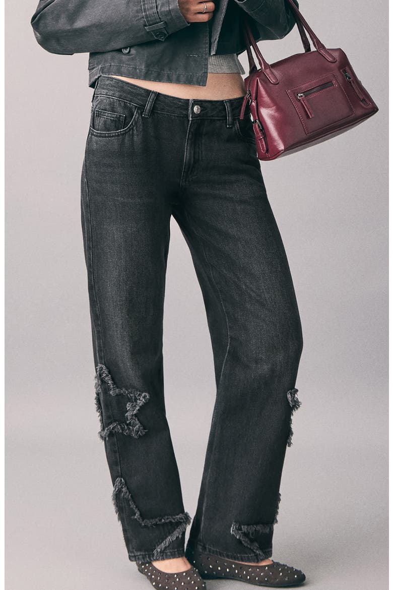 Star Embroidered Straight Leg Jeans, Main, color, BLACK DENIM