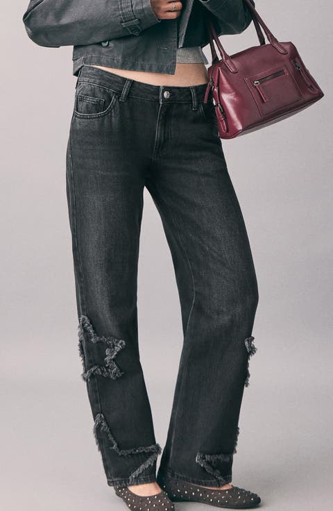 Star Embroidered Straight Leg Jeans