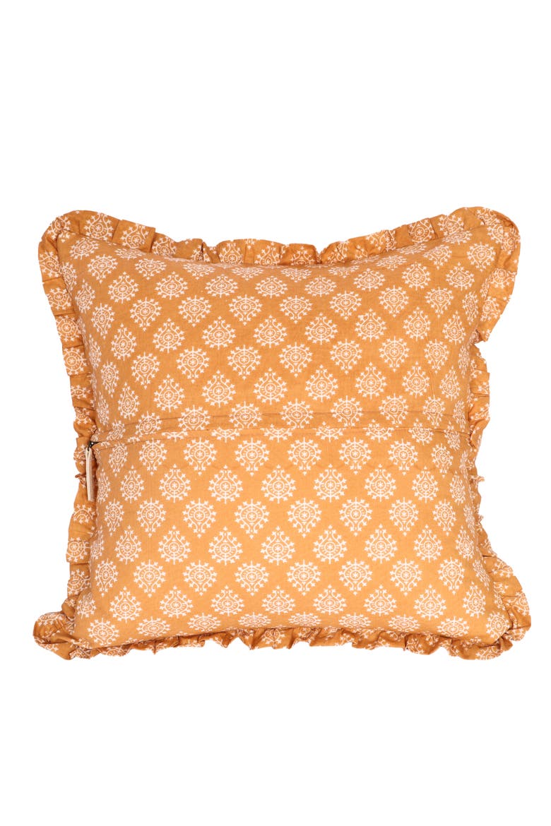 Block-Printed Pillow Cover with Ruffled Cotton and Hidden Zipper, Alternate, color, Marigold Honey