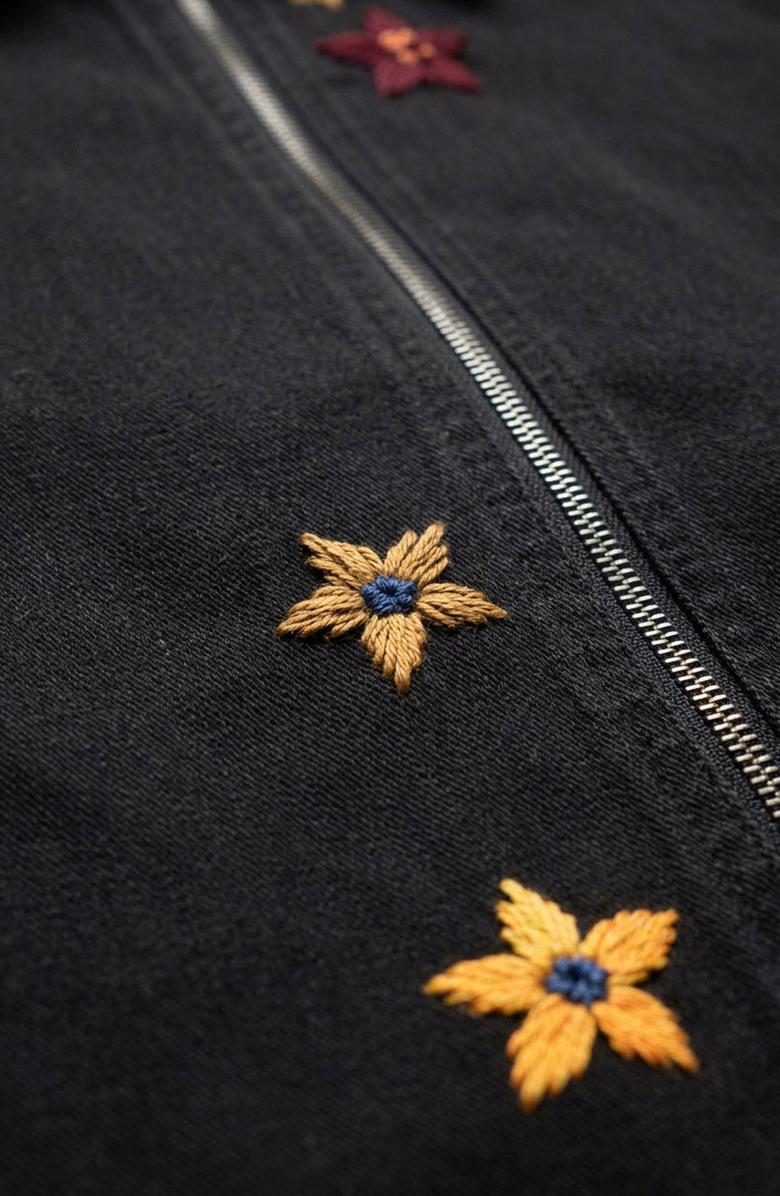 Modenaire Embroidered Contrast Trim Zip Front Jacket, Alternate, color, Black