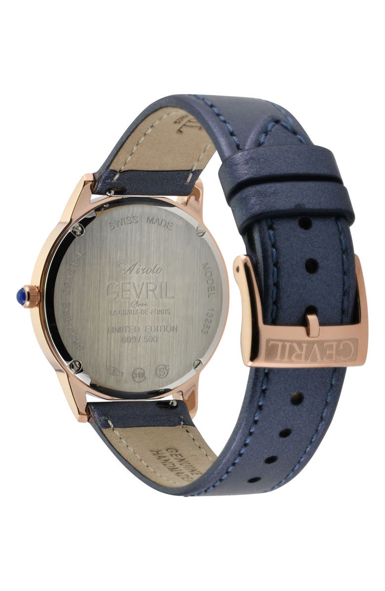 GEVRIL Airolo Swiss Diamond Leather Strap Watch, 36mm - 0.92ct., Alternate, color, Blue