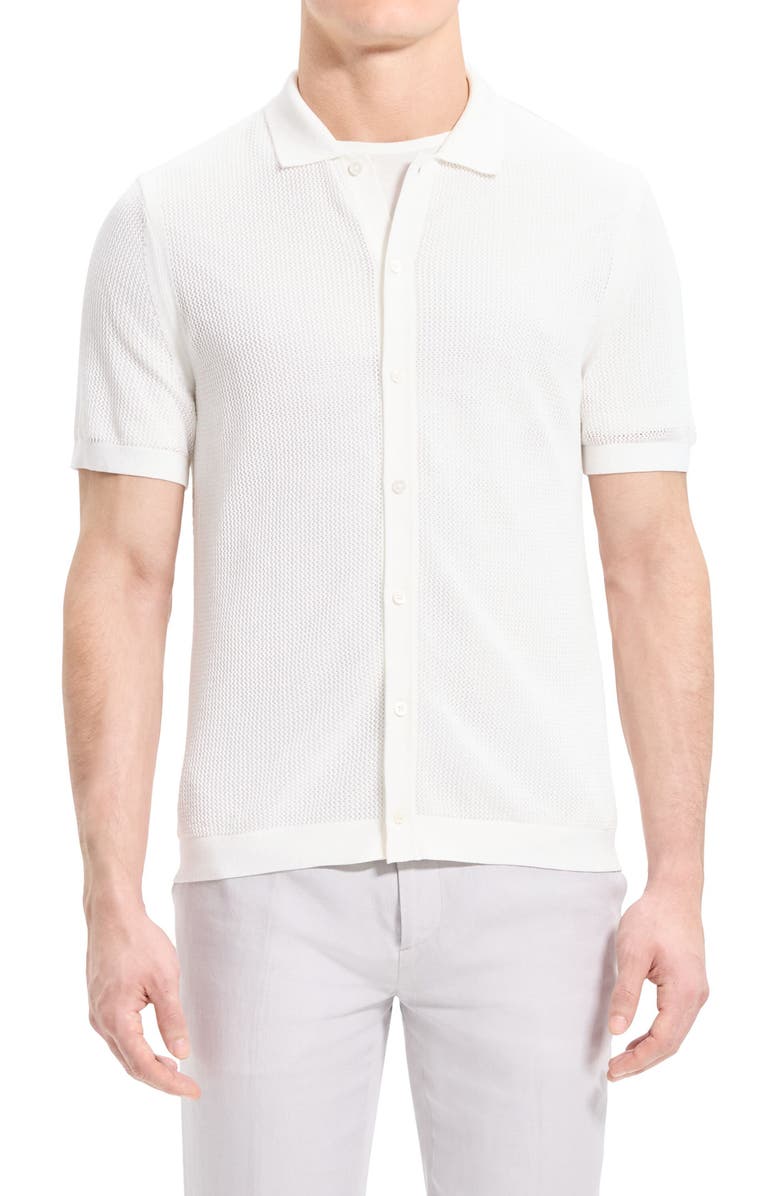 Theory Cairn Short Sleeve Button-Up Cotton Blend Sweater, Main, color, Ivory