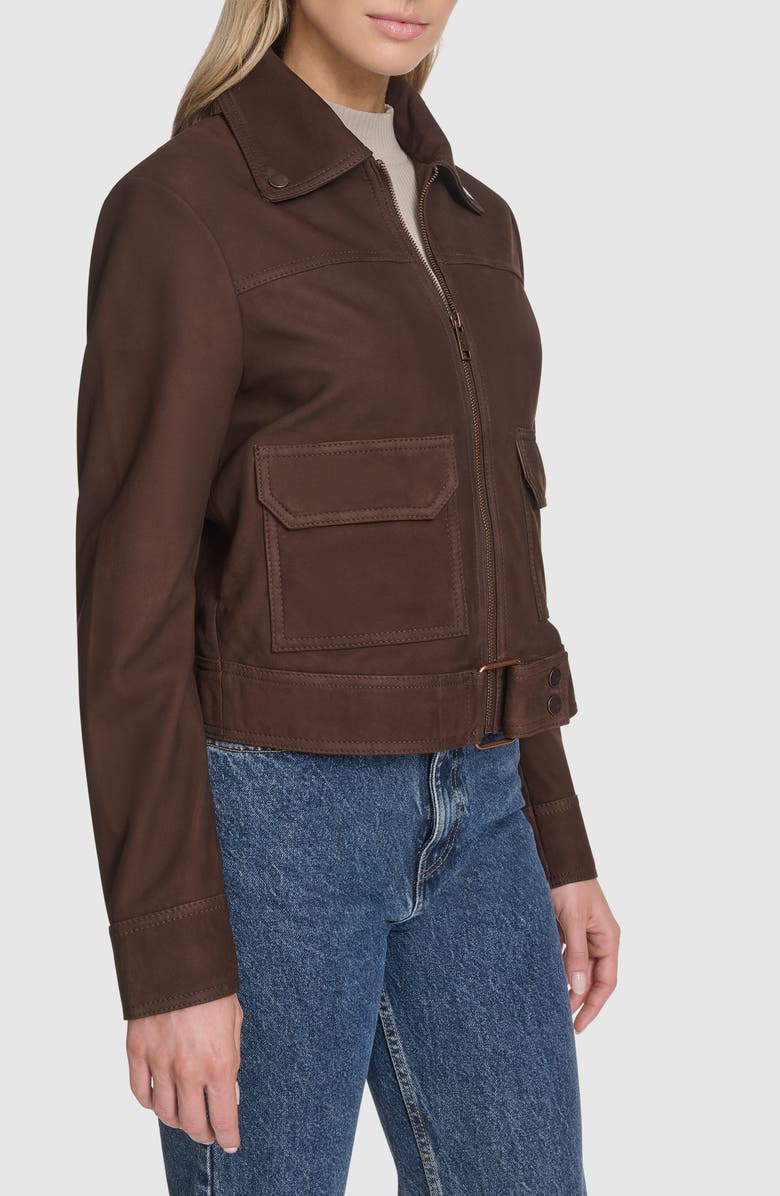 Andrew Marc Luneta Suede Trucker Jacket, Alternate, color, Chocolate