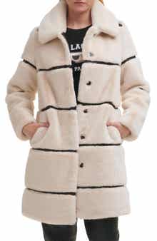 KARL LAGERFELD PARIS Quilted Longline Faux Fur Coat