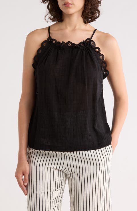 Embroidered Eyelet Lace Halter Neck Crop Tank