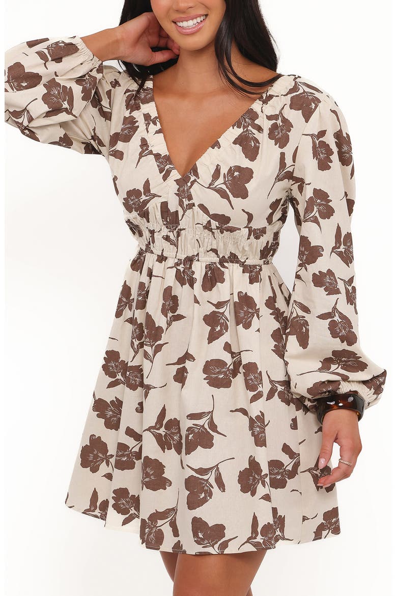 Cambria Floral Print Long Sleeve Cotton & Linen Minidress, Alternate, color, BROWN/ WHITE