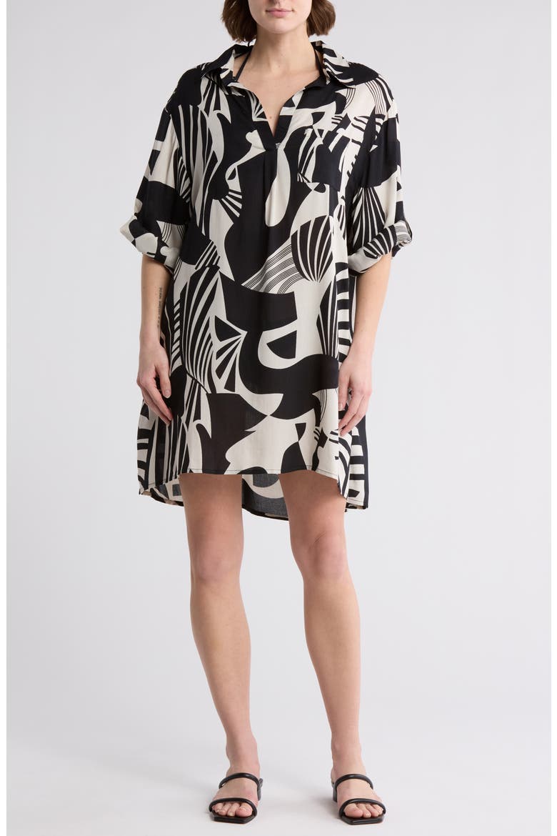 Print Long Sleeve Tunic Dress, Main, color, BLK/WHITE PRINT
