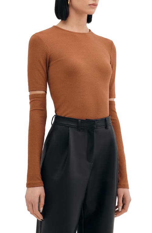 Two Lines By Marcella Stockholm Slit Sleeve Rib Top In Cinnamon Brown