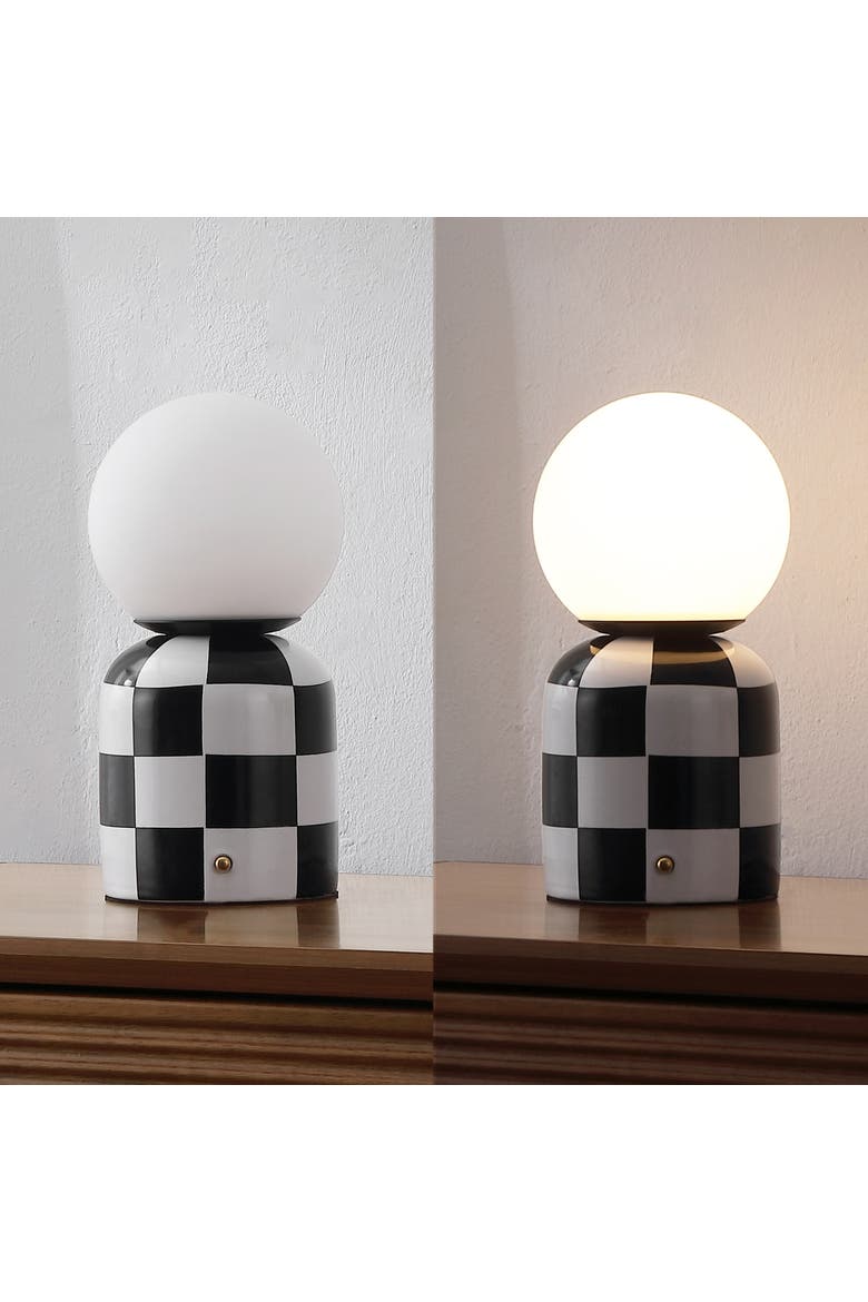 Zira Modern Checkerboard Ceramic Rechargeable Cordless Integrated Portable Dimmable with Frosted Globe Shade LED Table Lamp, Alternate, color, Black/White