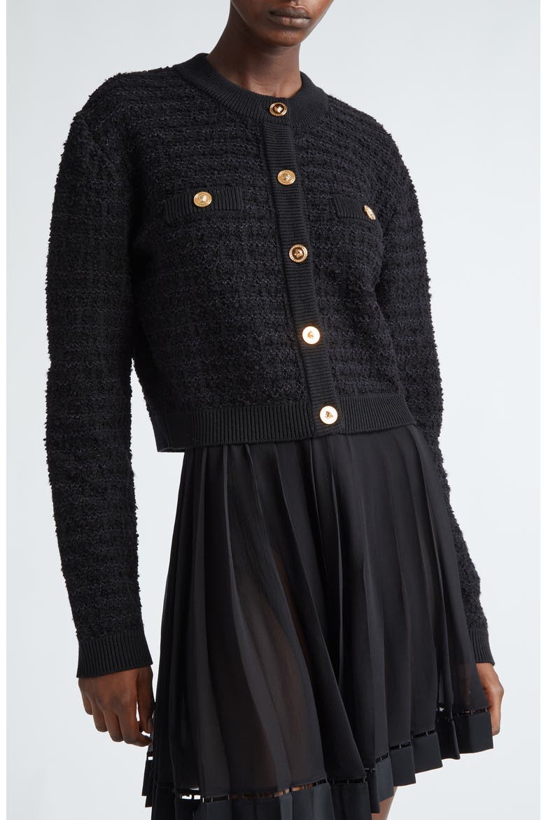 Wool Blend College Tweed Cardigan, Alternate, color, BLACK