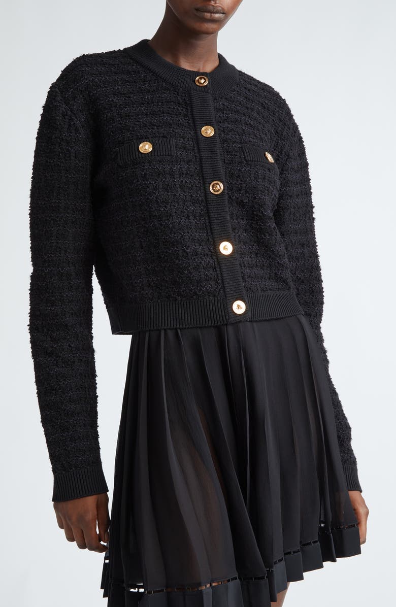 Versace Wool Blend College Tweed Cardigan, Alternate, color,